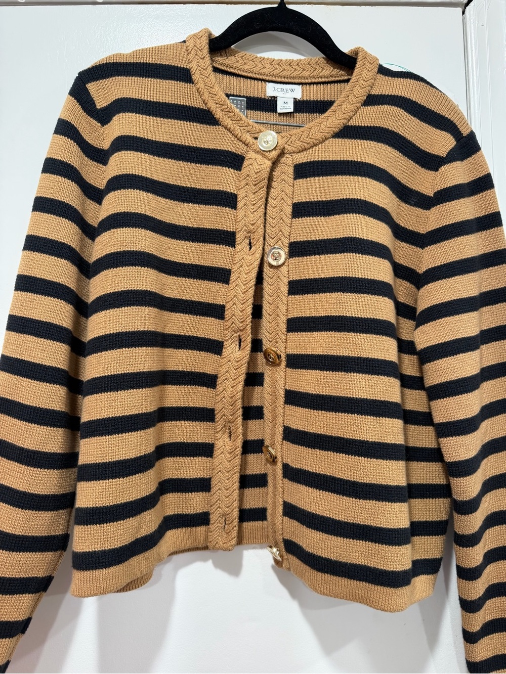 J. Crew Striped Button-Front Cardigan in Camel and Black
